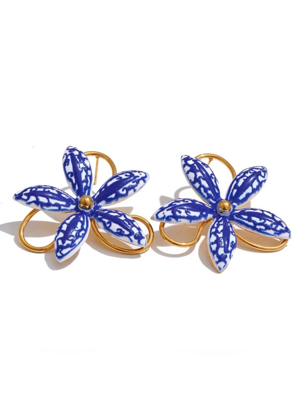 Blue Floral Enamel Statement Earrings - Gold Tone